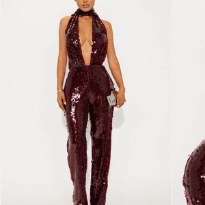 Fashion Nova Burgundy Sequin Halter Jumpsuit